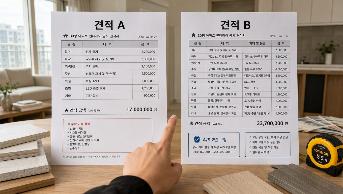 아파트 인테리어 견적 비교 시 반드시 확인할 7가지 항목