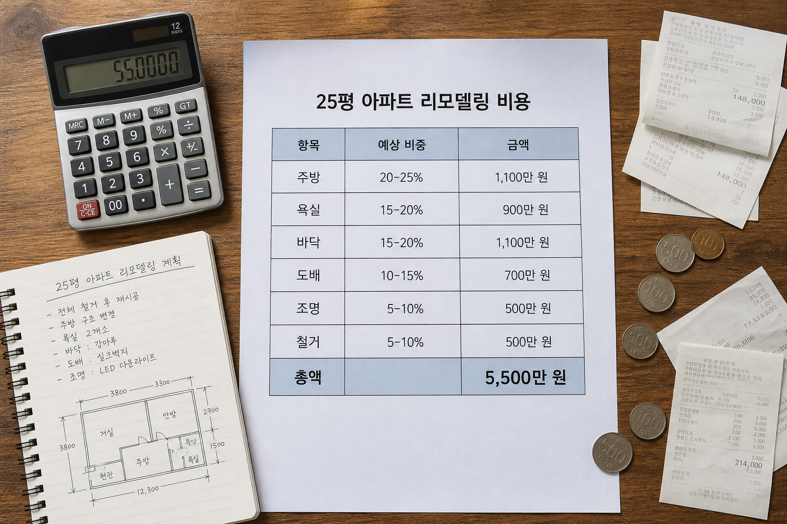 25평 아파트 리모델링 비용 견적을 구성하는 항목별 비용 비중